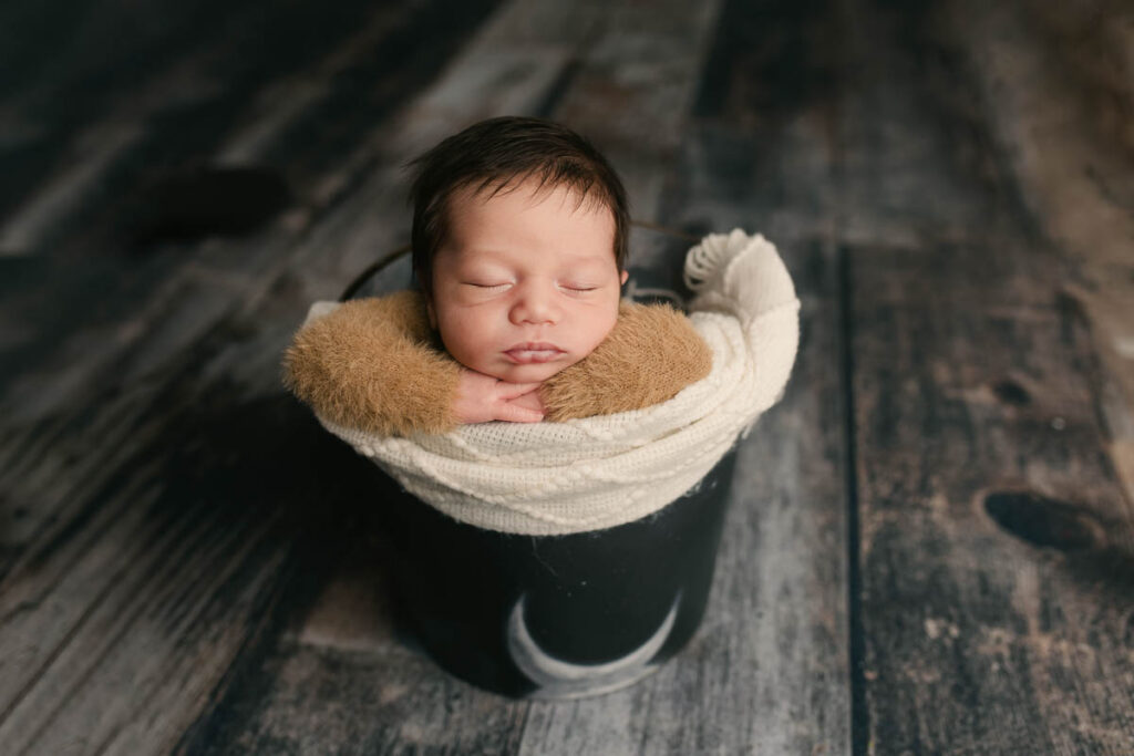 sleeping newborn baby posed in a bucket prop during a professional newborn session at Melissa Matz Photography in Shelby Township Michigan