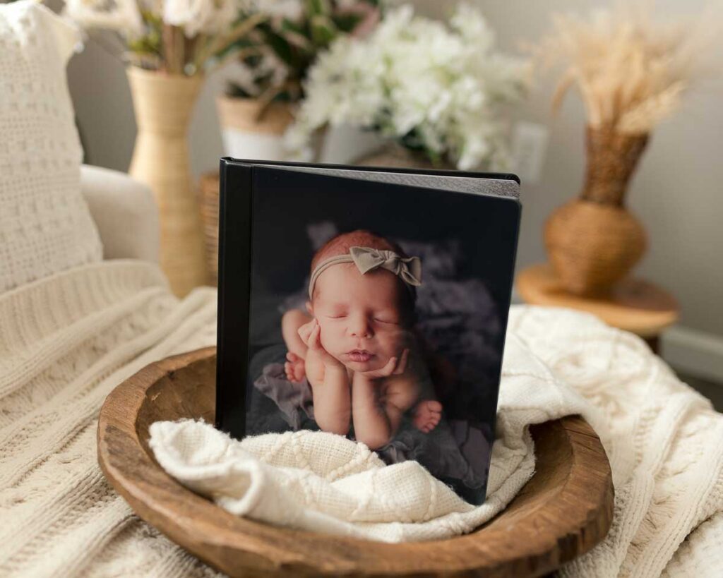 Metro Detroit newborn photography album with custom cover design